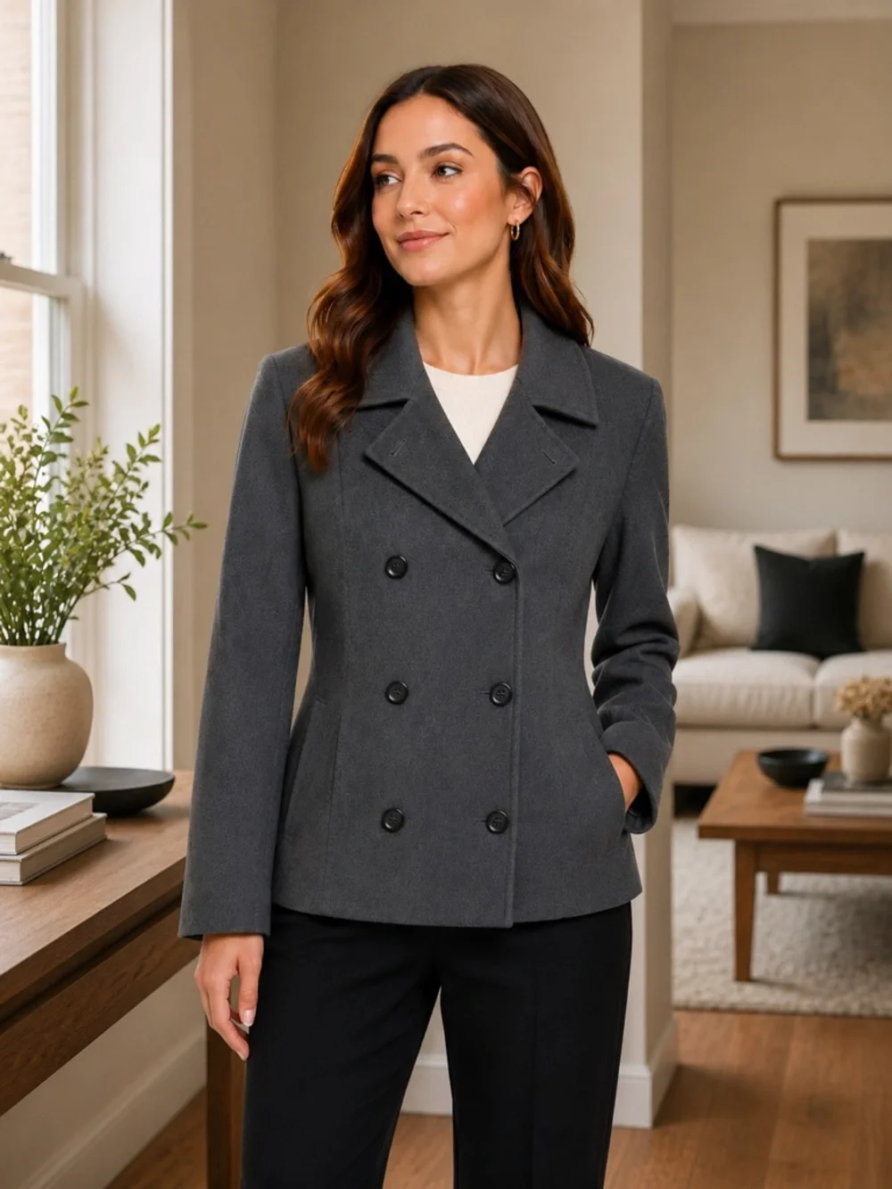 Jones New York 96% Wool Double Breasted Blazer Jacket Size 14 Gray Career Chic